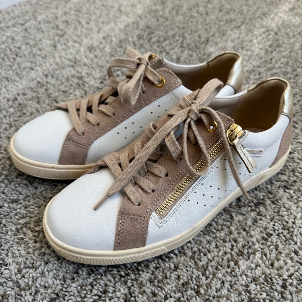 Mephisto Women's Cream and Brown Sneakers with Gold Accents